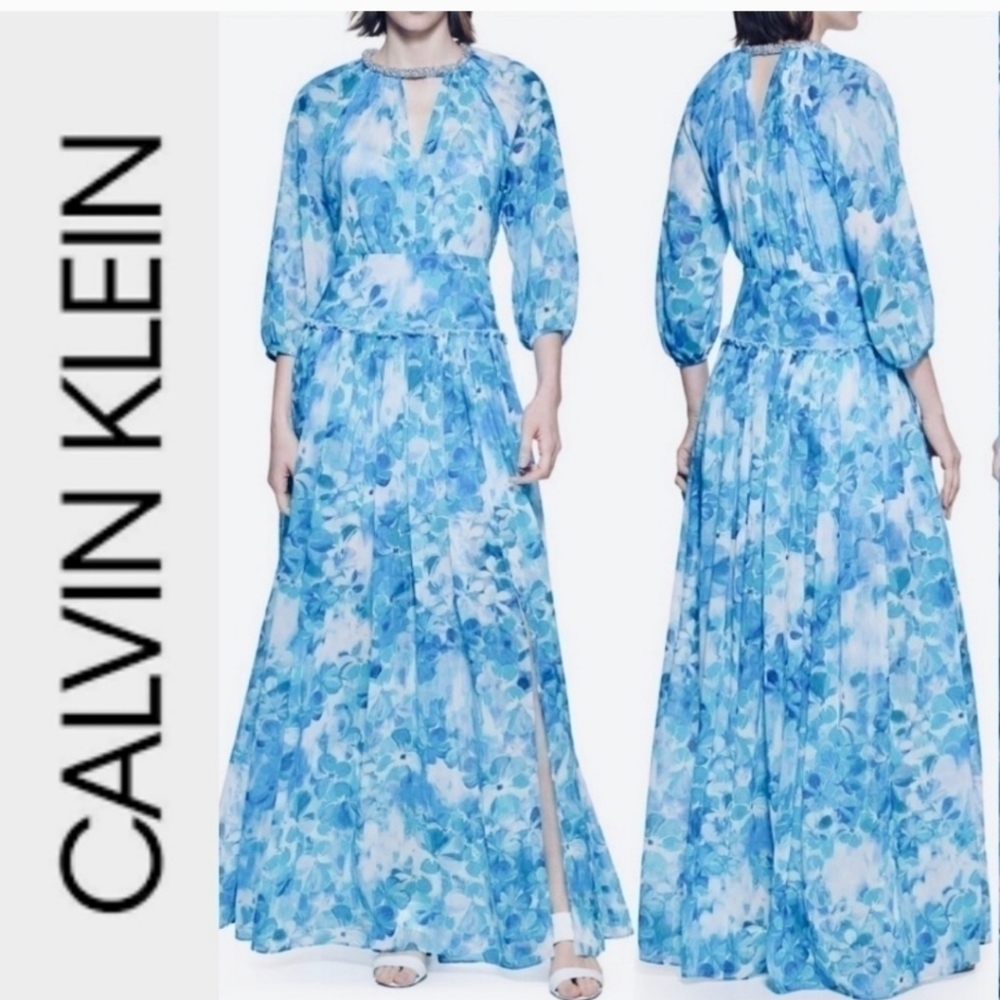 NWT Calvin Klein Floral Gown Chiffo  watercolor rhinestone accents maxi dress 4